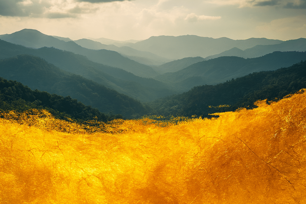 Dramatic beauty of a landscape from the Democratic Republic of Congo with a symbolic, abstract representation of gold.